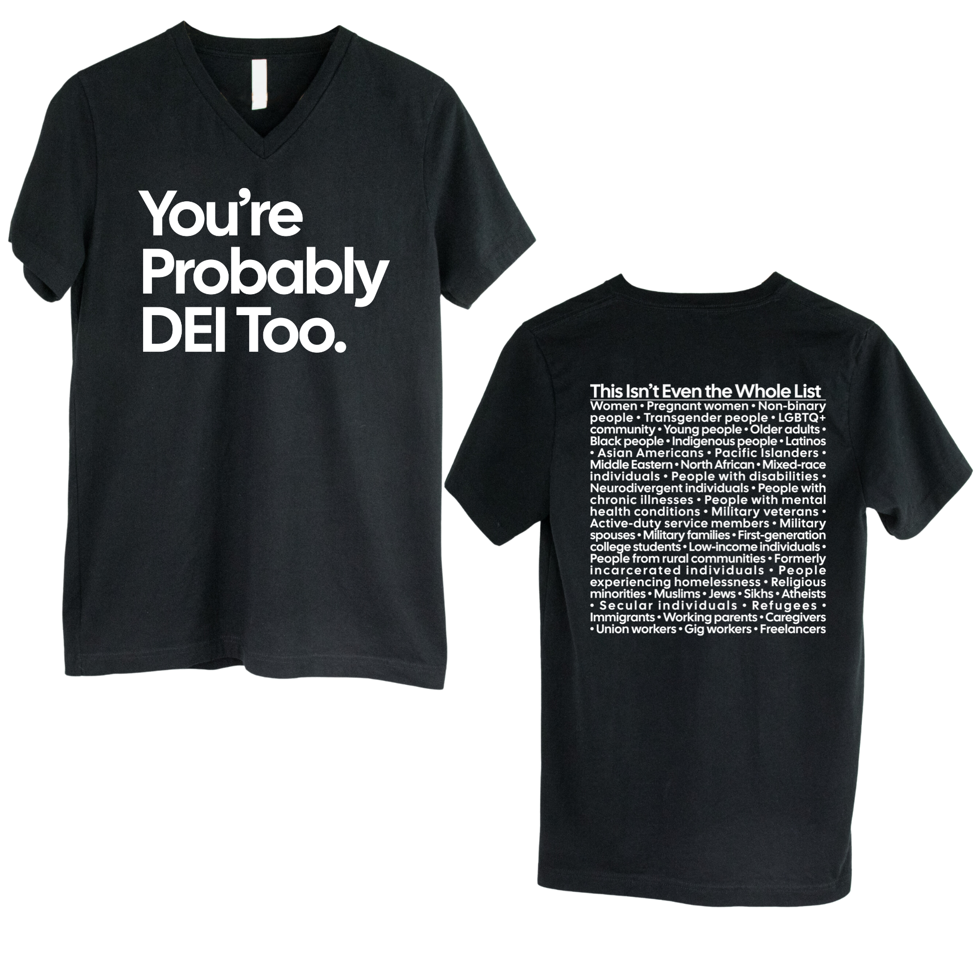 You're Probably DEI Too *BLACK V-NECK* Unisex Tee (Front and Back Design Print)-T-Shirt-The Original God Ain't Petty But I Am